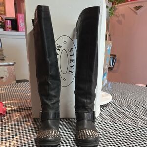 Steve Madden Black Knee-High Boots with Silver Studs